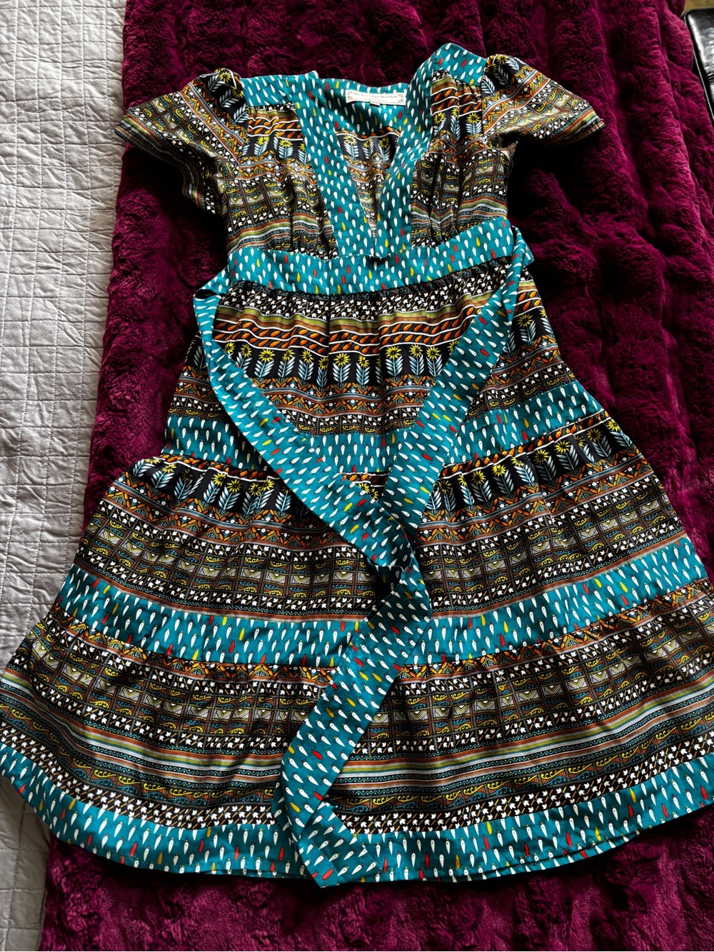 Anthropologie size 2 100% silk Teal Patterned A-Line Dress never worn